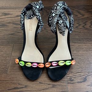 Schutz Black Printed Wrap Shell Heels